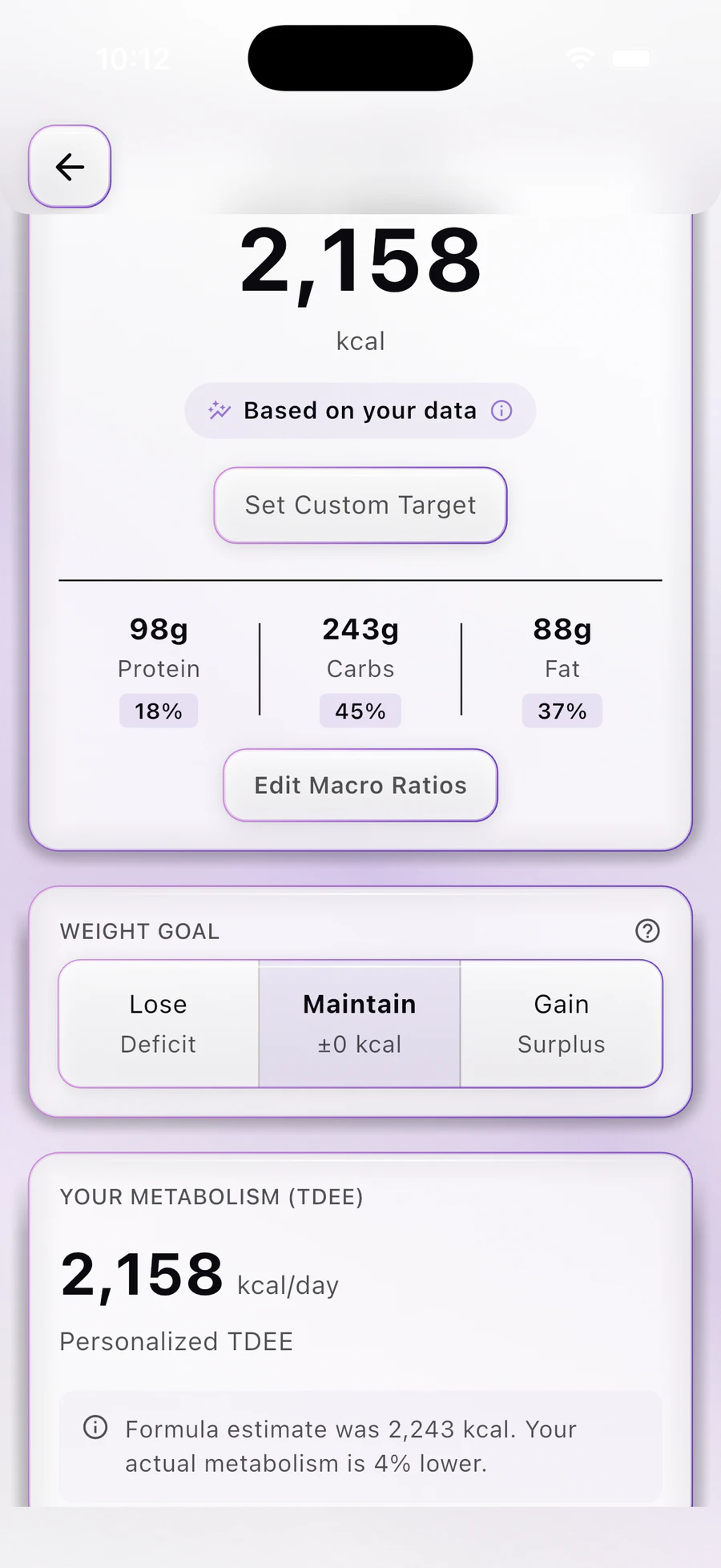 BareVue adaptive TDEE screen showing a personalized calorie target, macro targets, and formula estimate comparison