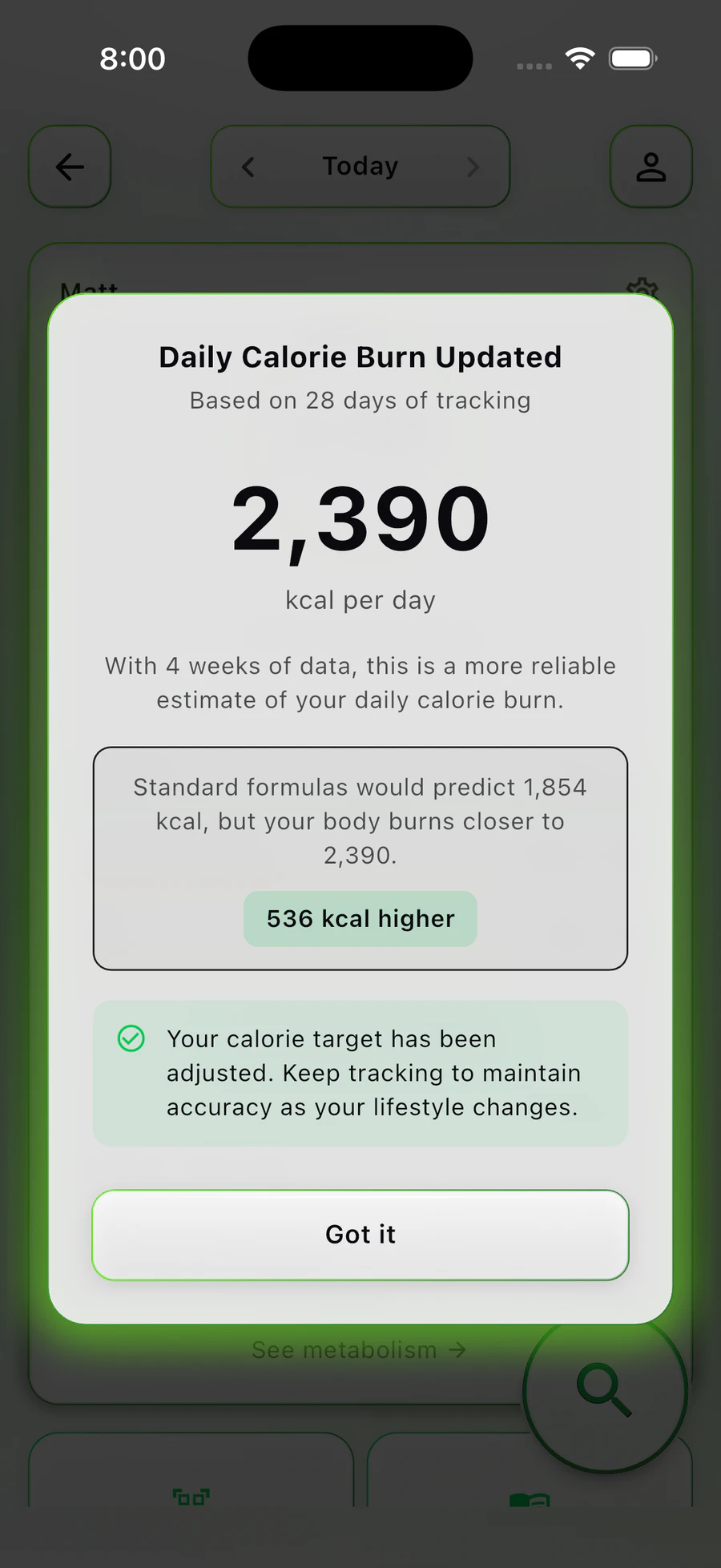 BareVue daily calorie burn updated dialog showing an adjusted calorie target based on recent data