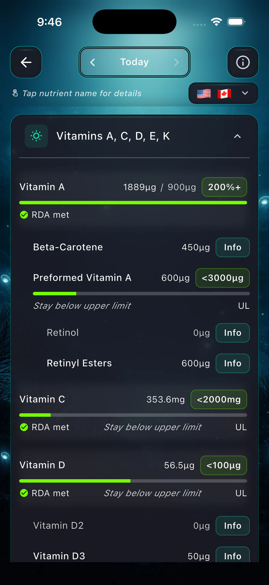 BareVue detailed nutrients showing vitamin intake, subforms, progress bars, and upper-limit guidance