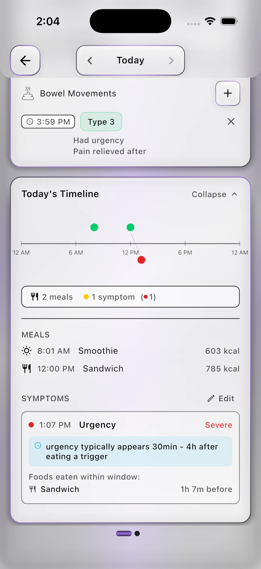BareVue elimination diet timeline showing meals, symptoms, bowel movements, and a symptom onset window