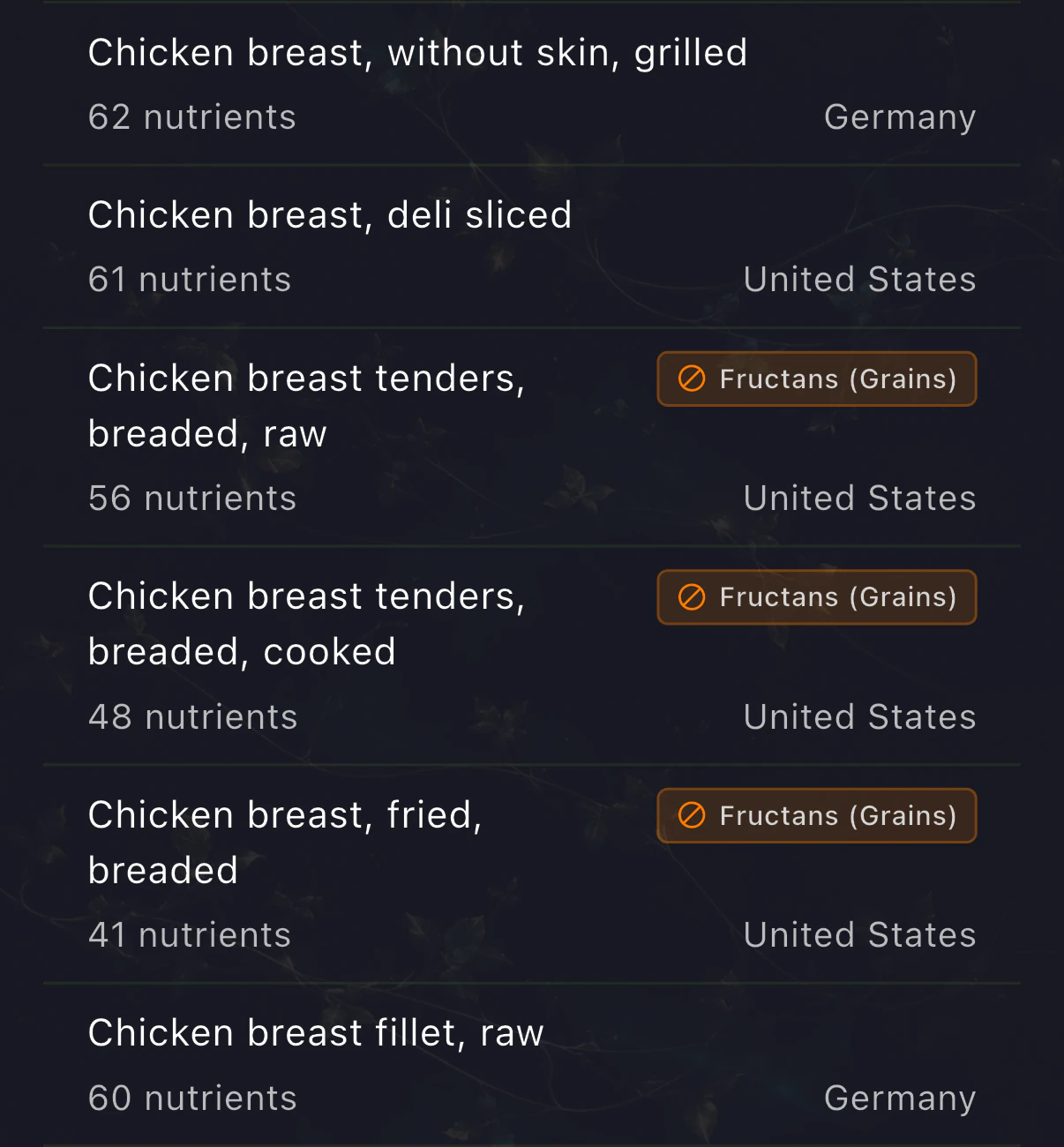 BareVue food search showing grain fructan warnings on breaded chicken products while plain chicken remains unflagged