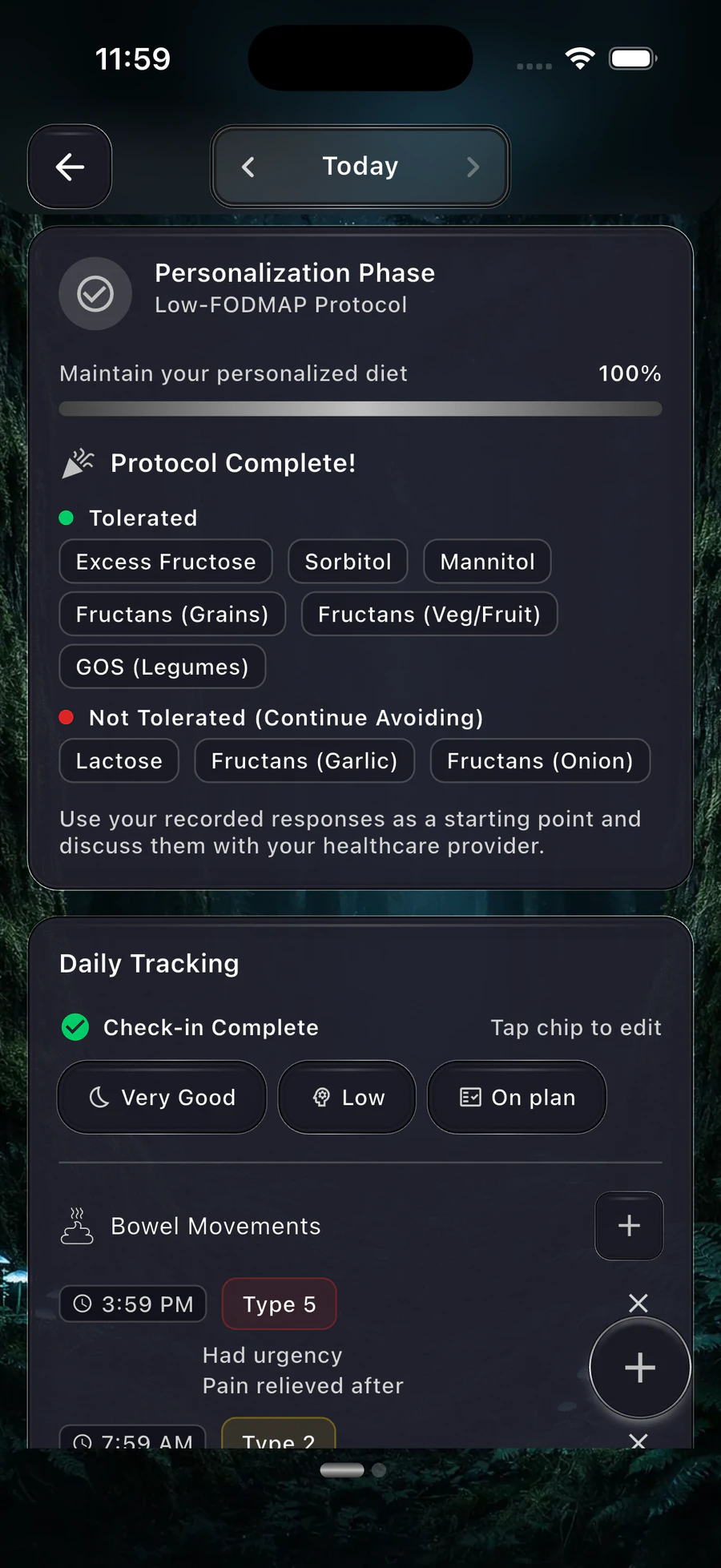 BareVue Low-FODMAP protocol complete screen showing tolerated categories, not-tolerated categories, and daily tracking
