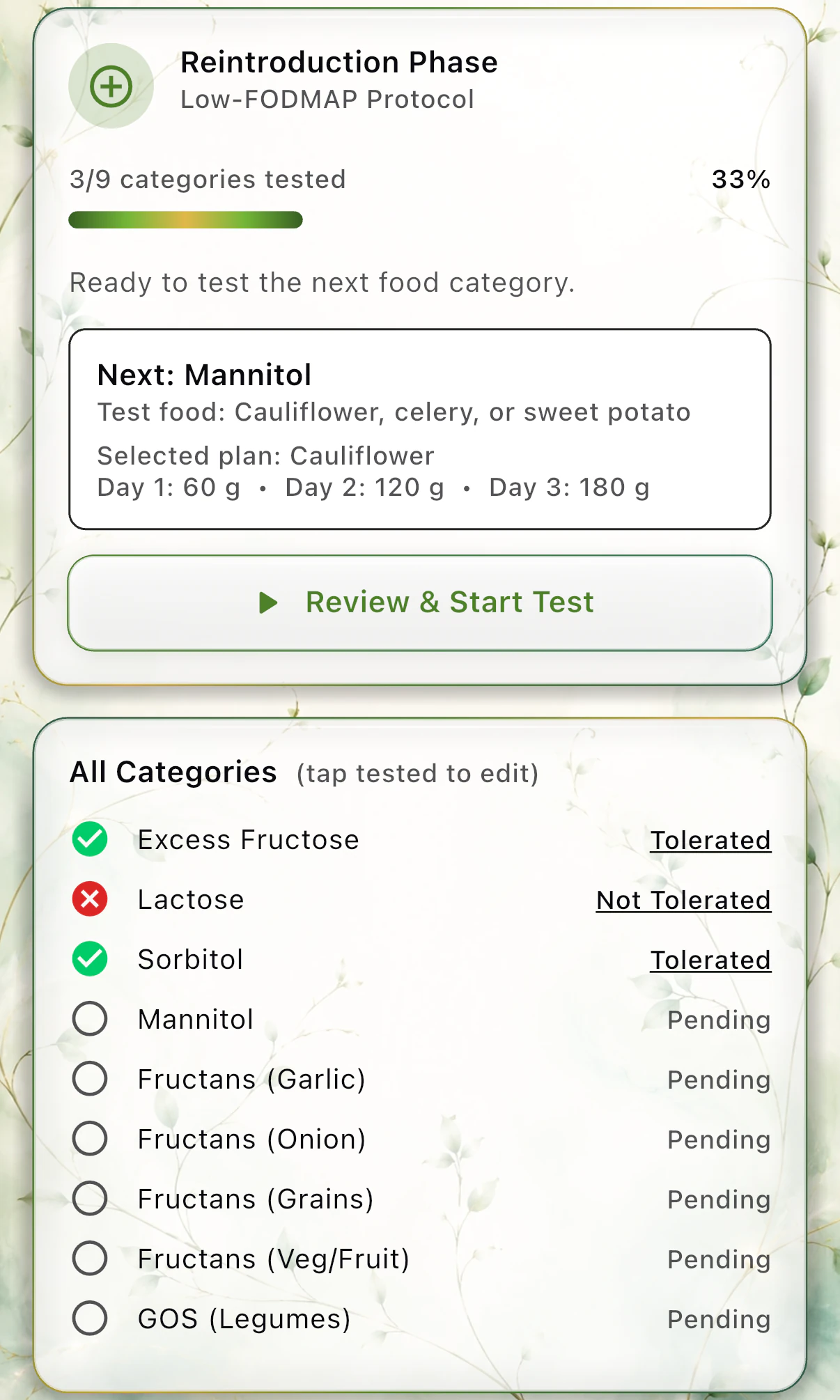 BareVue Low-FODMAP reintroduction phase showing progress, the next guided test, and all nine test categories