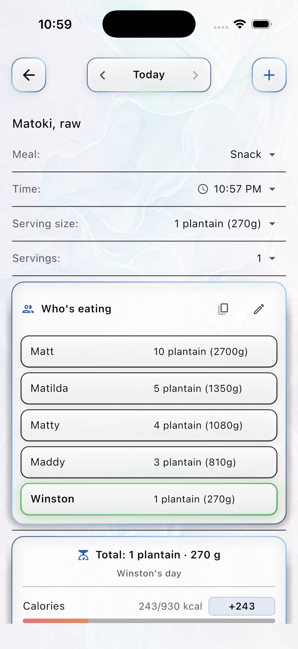 BareVue logging one food with a different portion for each family profile