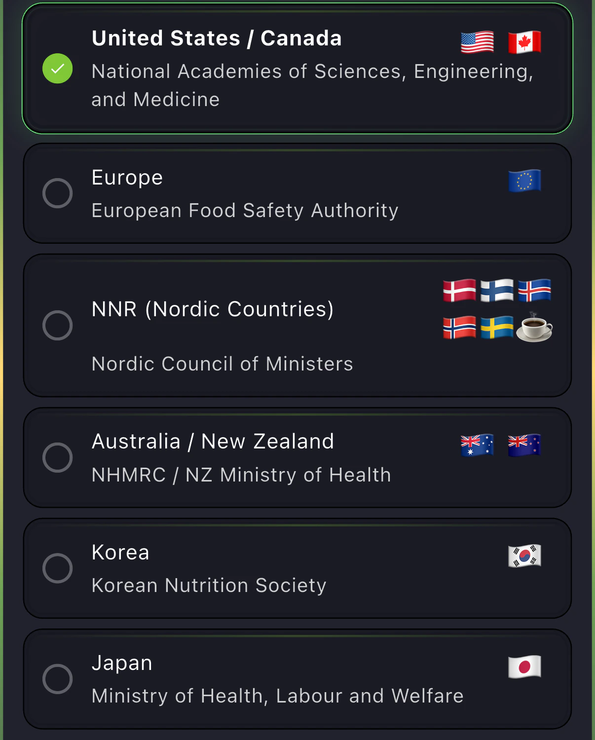 BareVue dietary reference standard picker showing standards for the United States and Canada, Europe, Nordic countries, Australia and New Zealand, Korea, and Japan