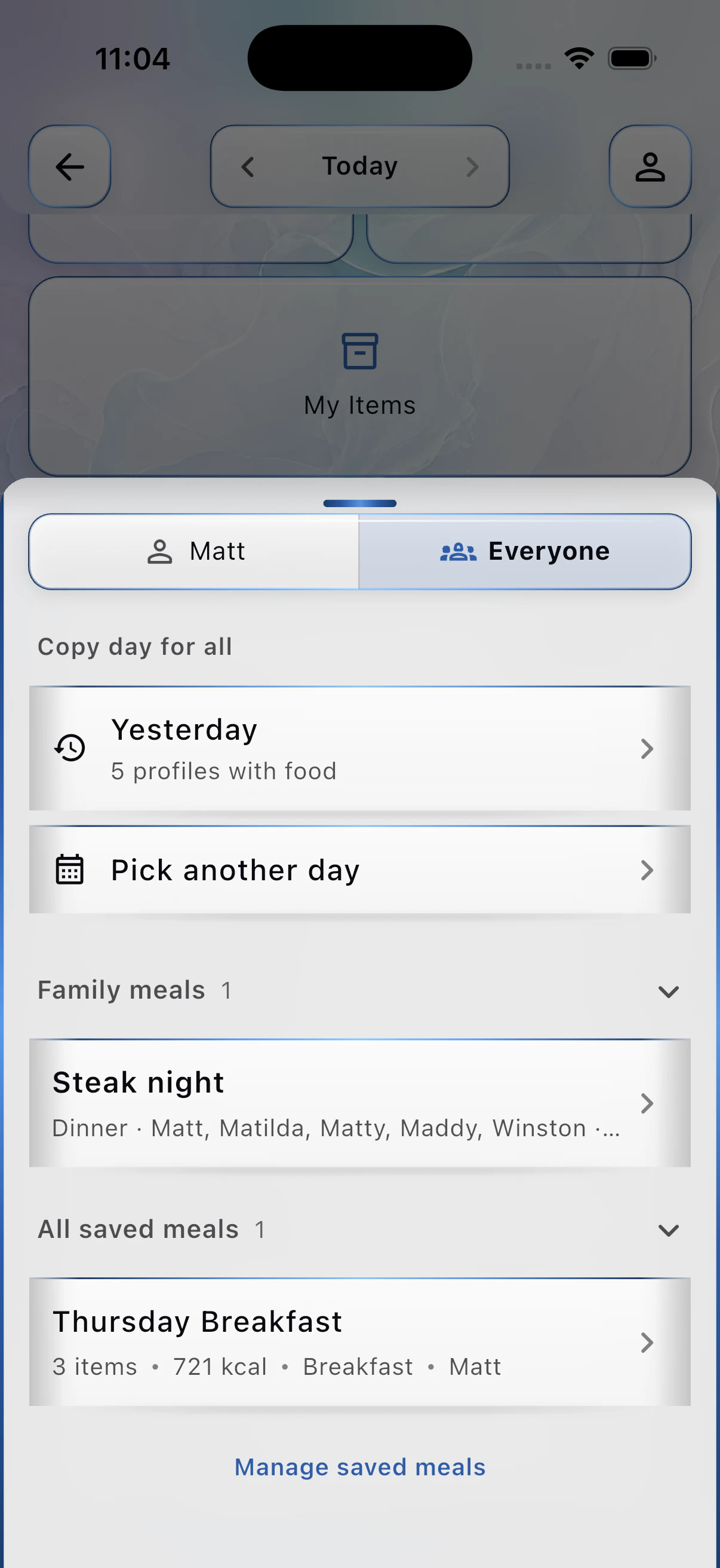 BareVue quick logging saved family meals and a previous day across multiple profiles
