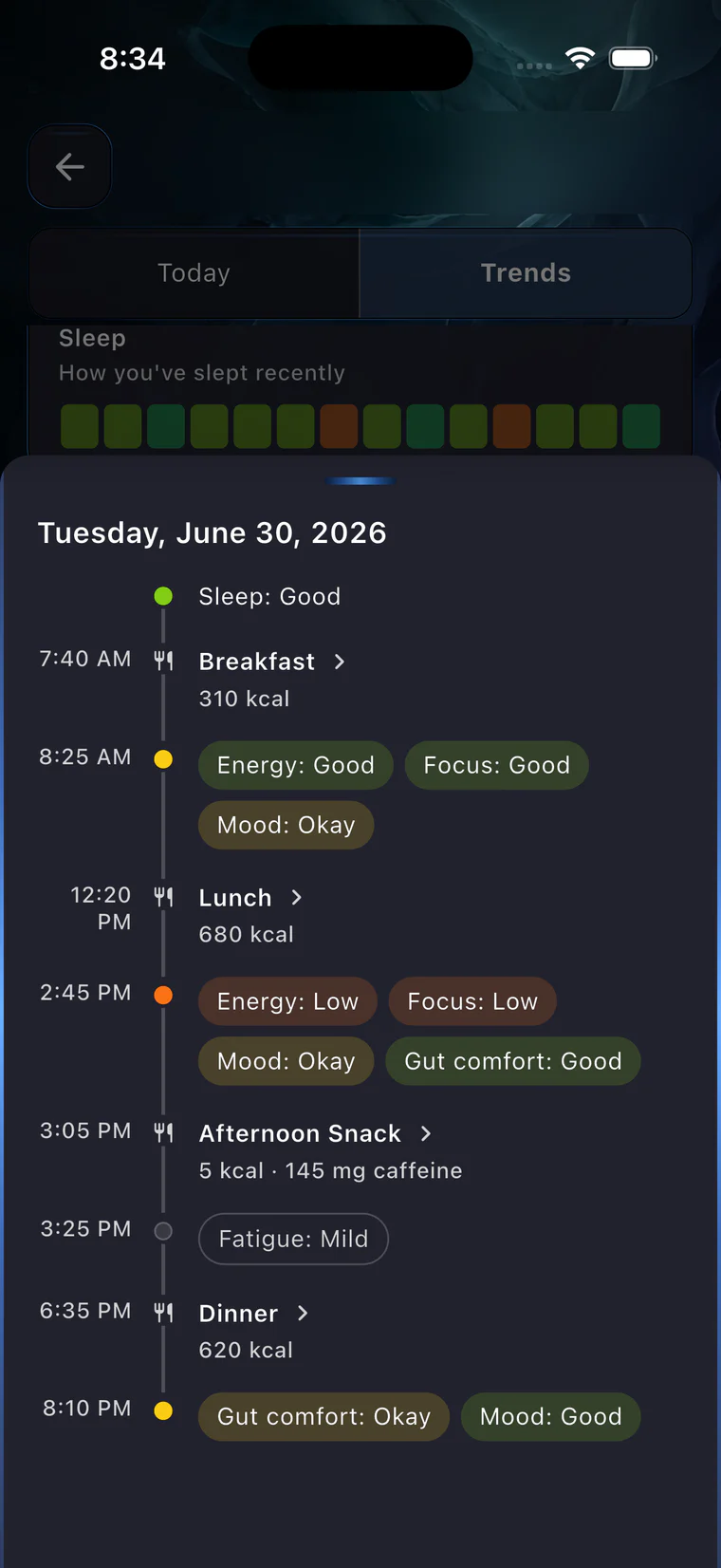 BareVue Food Mood diary showing meals and energy, focus, mood, gut comfort, and fatigue check-ins on one timeline