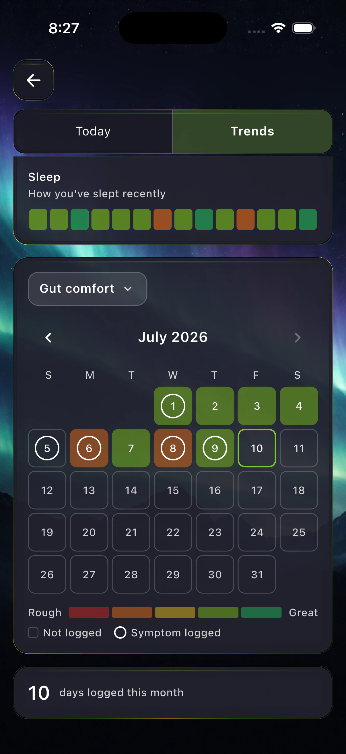 BareVue Food-Mood trends calendar showing gut comfort across a month with symptom markers and recent sleep