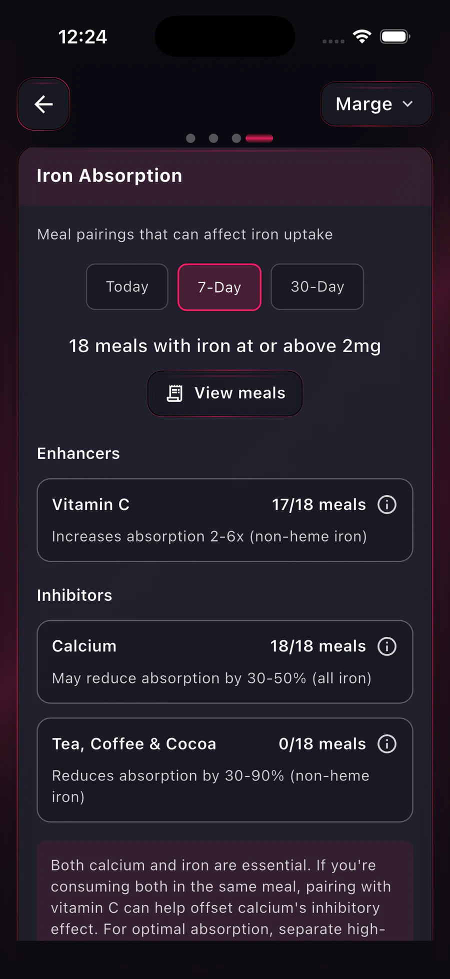 BareVue food stats showing meal pairings that can affect iron absorption