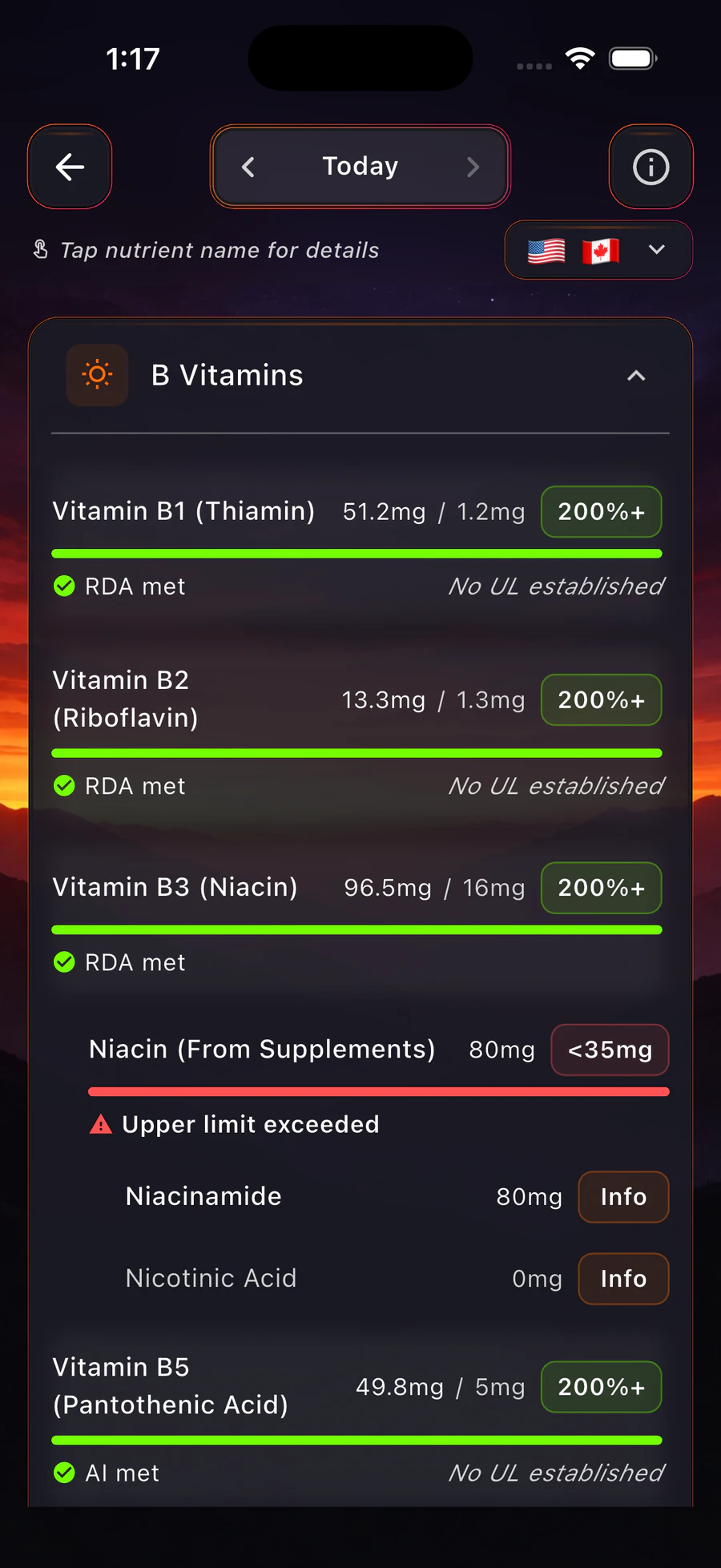 BareVue detailed B vitamin nutrient breakdown with upper-limit warning