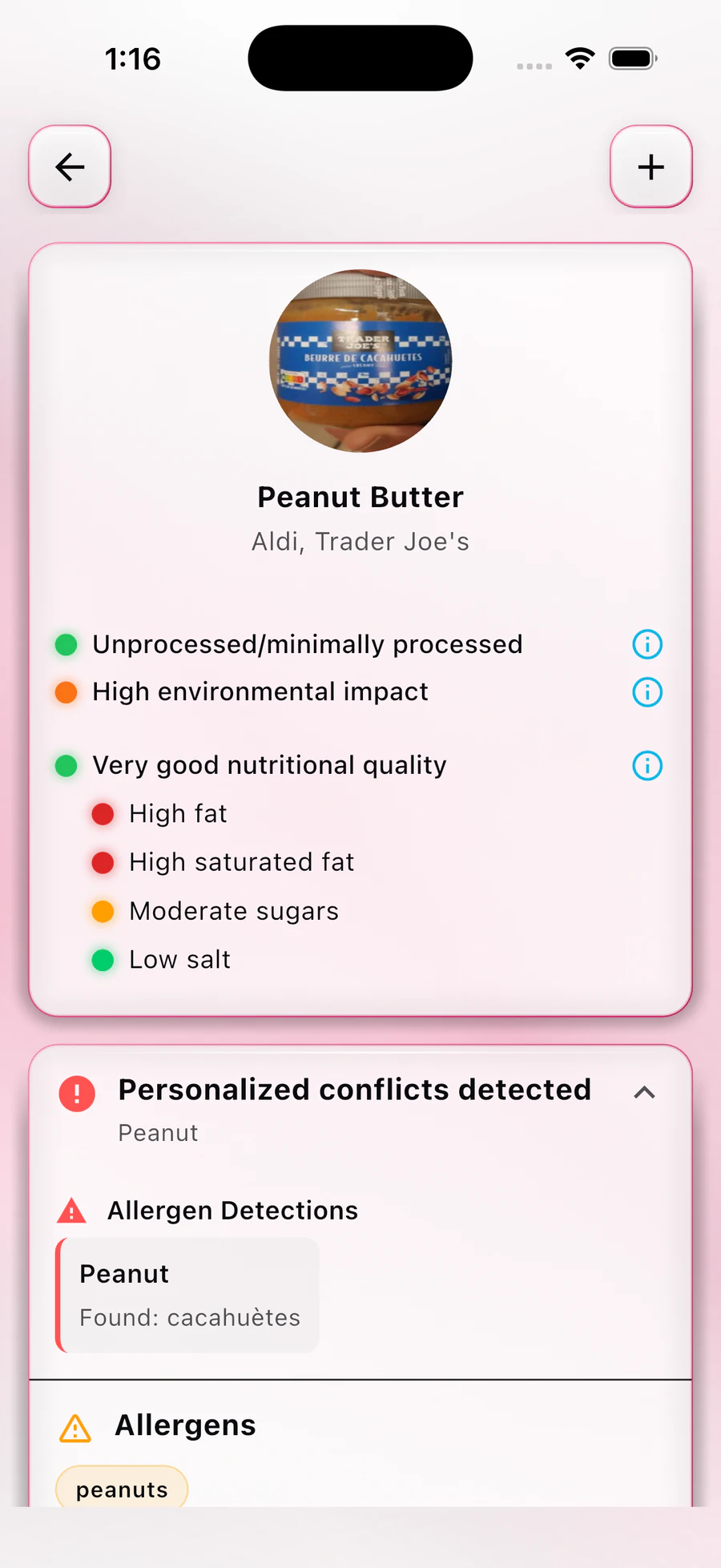 BareVue product detail showing nutrition quality and a personalized peanut allergy conflict