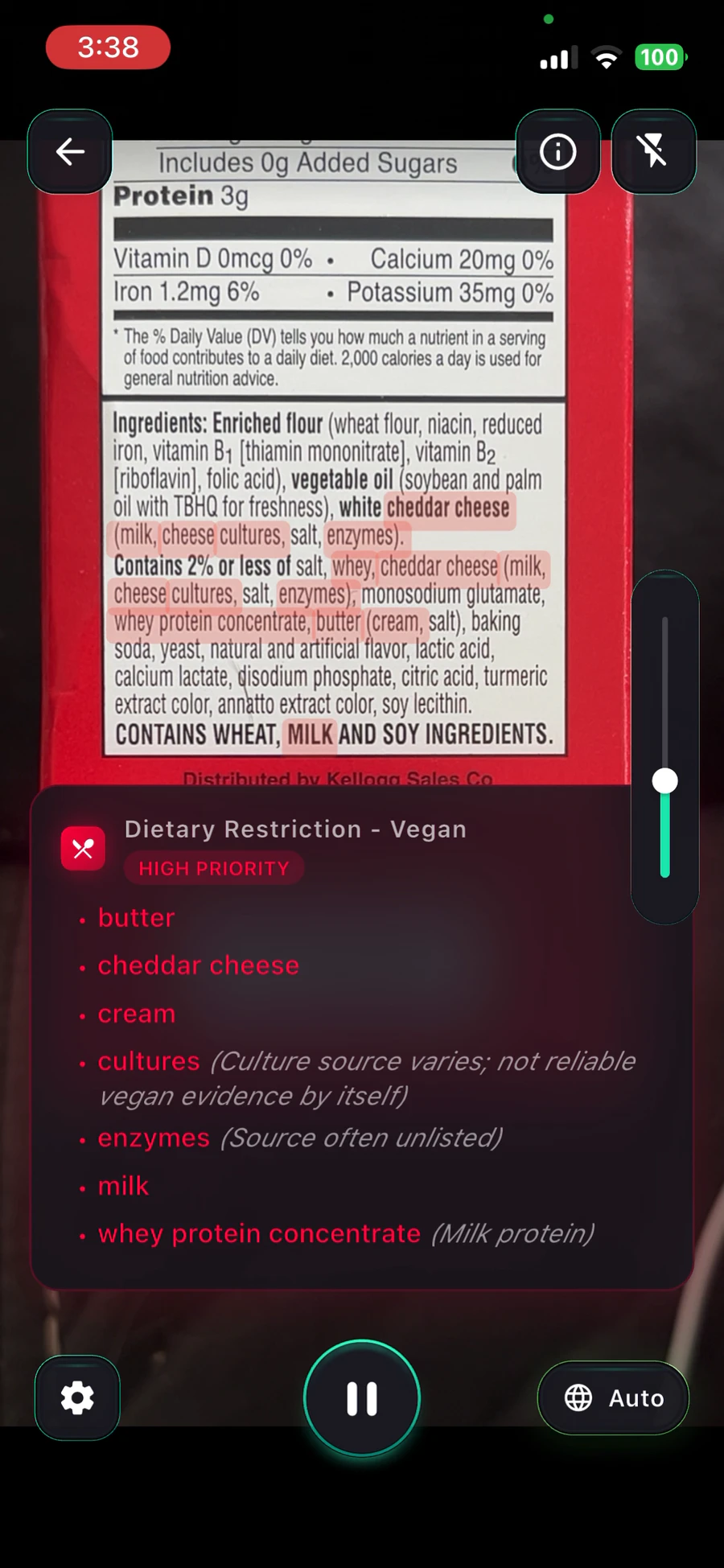 BareVue ingredient scanner highlighting matched terms on a live camera view