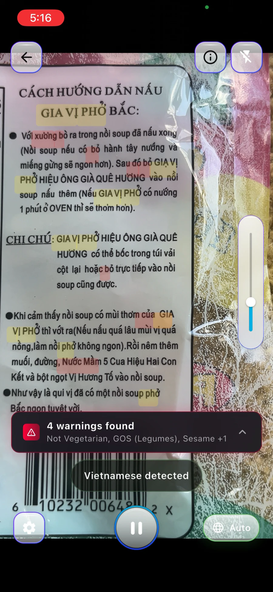 BareVue live scanner detecting Vietnamese text and summarizing warnings found on a label