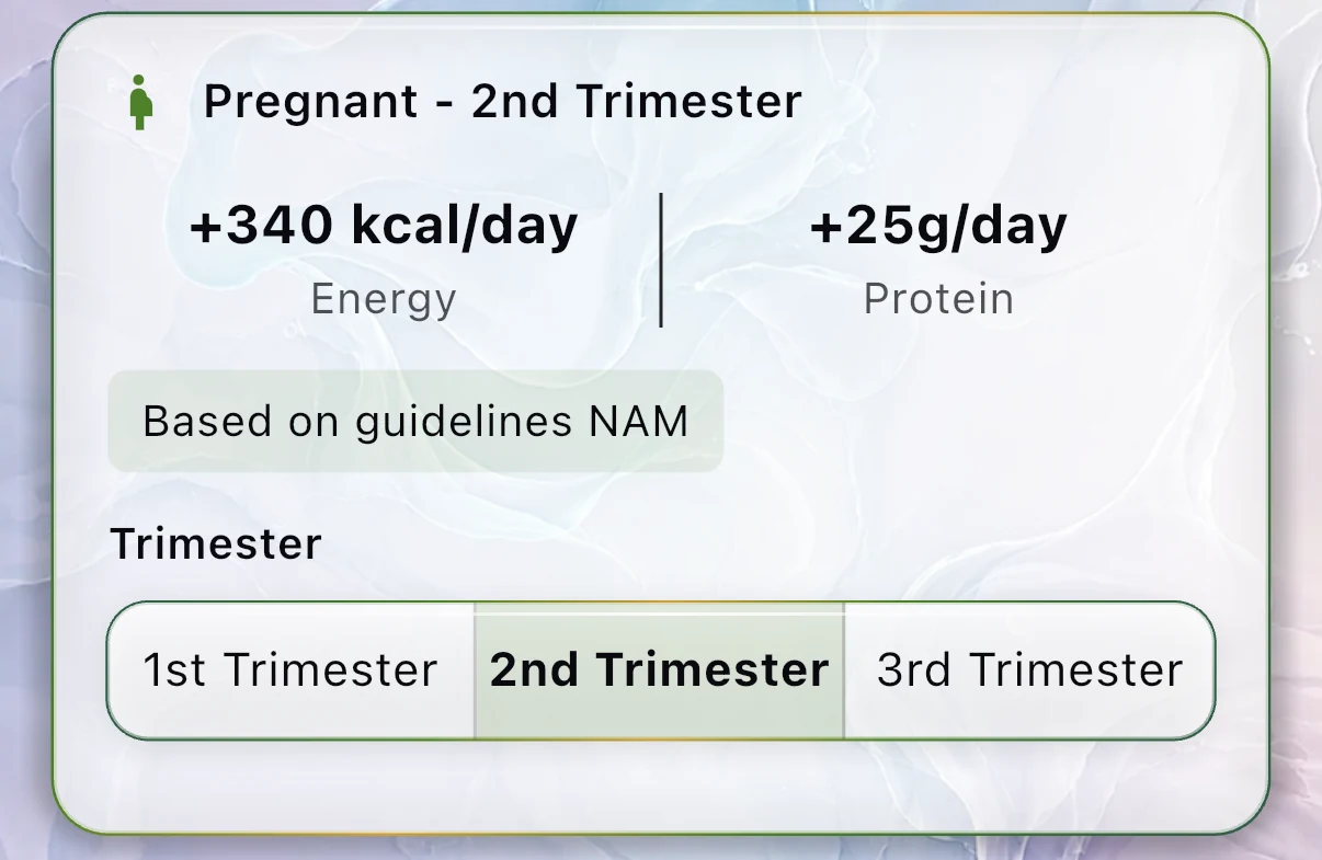 BareVue pregnancy nutrition card showing second-trimester energy and protein adjustments based on the selected nutrition standard