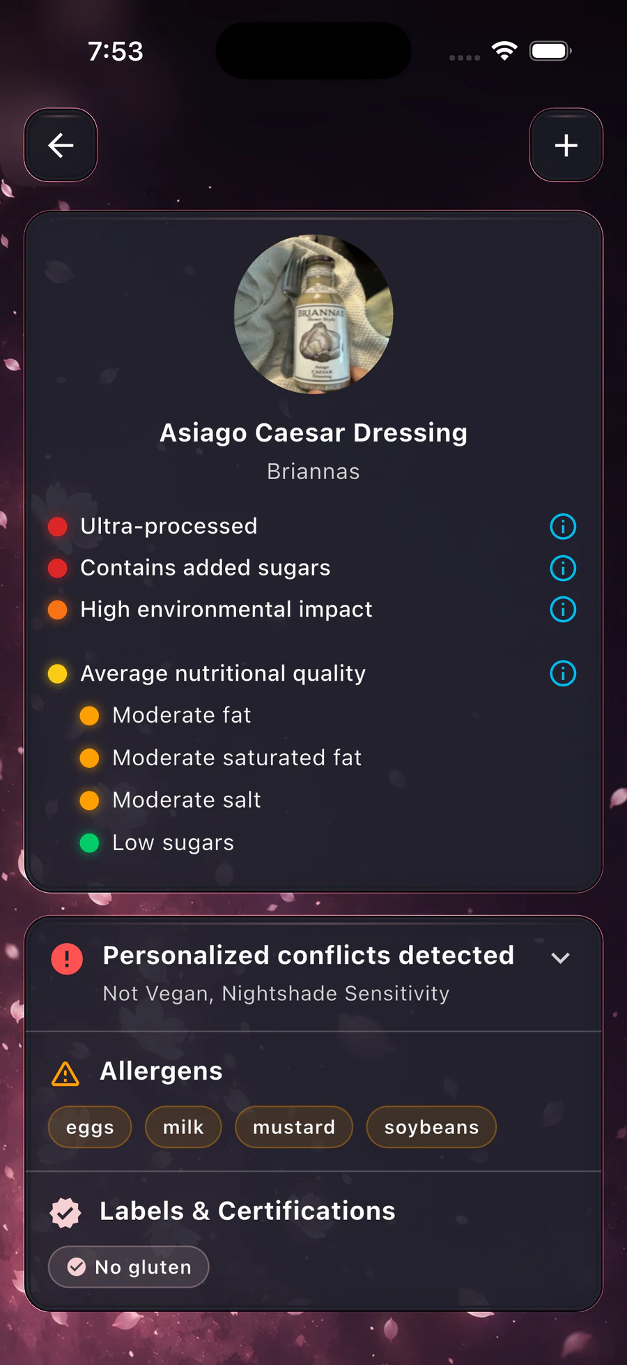 BareVue product detail showing processing, nutrition quality, environmental impact, allergens, and profile-based warnings