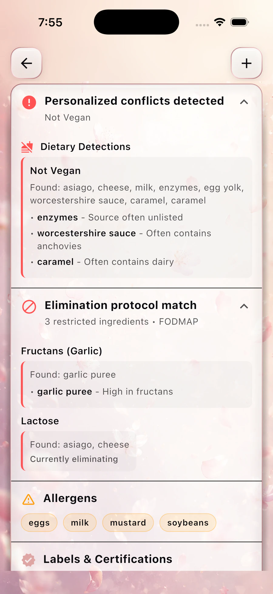 BareVue product detail showing vegan conflicts, elimination protocol matches, and allergens for a personal profile
