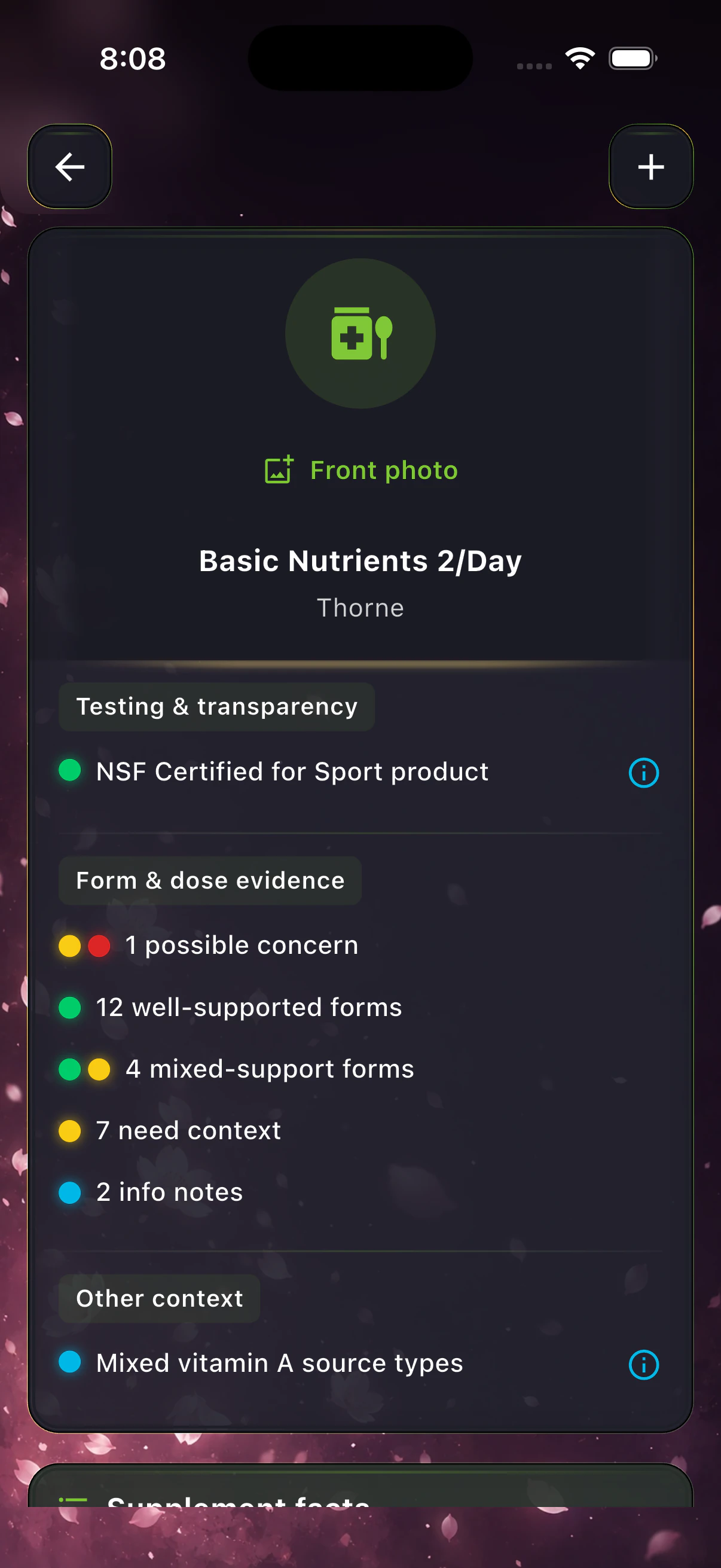 BareVue supplement intelligence overview showing label transparency, formulation context, certification claims, and upper-limit guidance